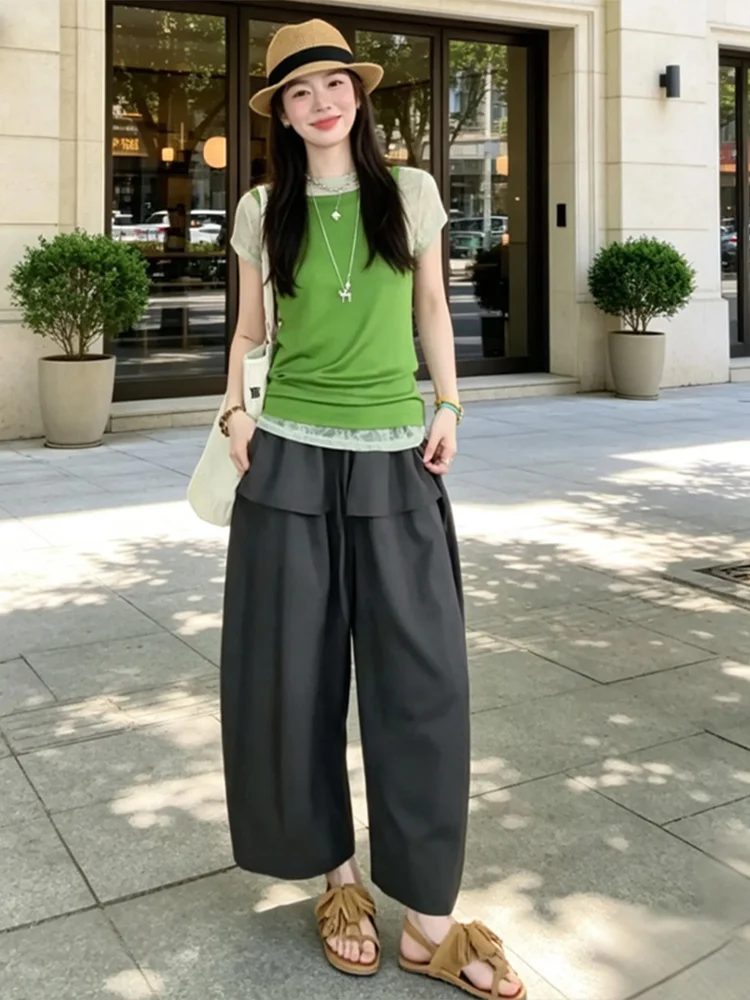 

High Waist Wide Leg Pants Slimming Set Summer New Style Casual Two Piece Set Short Sleeve Top Layered Wear Breathable Comfort...