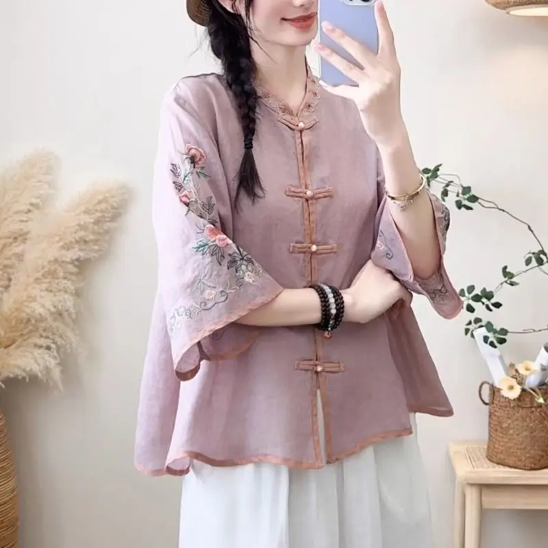 Summer New Retro Tops Contrasting Color Cotton and Linen Embroidered Ethnic Wind Blouse Flared Sleeve Cardigan shirt for Women view 5