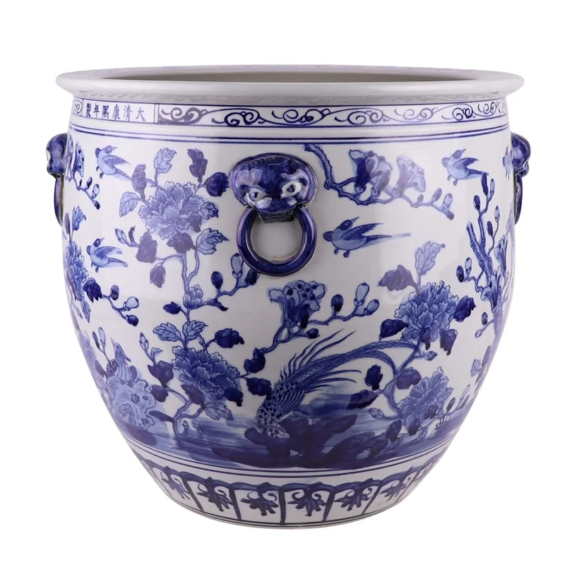 

RZSC50 Jingdezhen Blue and White Porcelain Bird and Flower Pattern with Lion Head Ceramic Big Pot Vat
