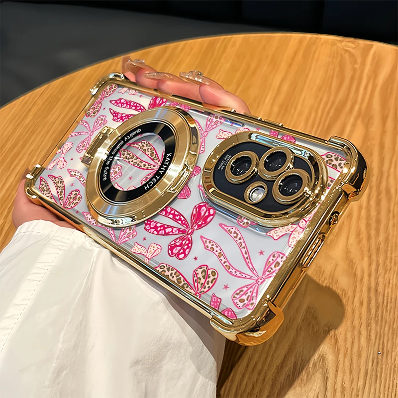 Funda de teléfono con estampado de fresa y lazo para Huawei P40 Pro P30 Lite Nova 9 4E, soporte chapado, cubierta suave transparente a prueba de golpes