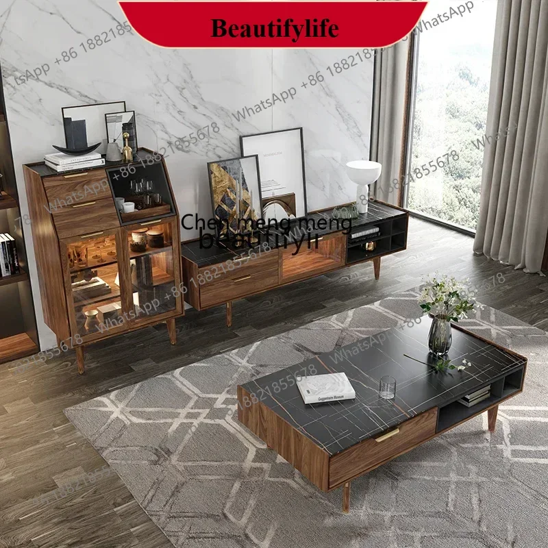 

D178 Y zq Nordic TV Cabinet Black Walnut Stone Plate Glass Floor Cabinet Modern Minimalist Side Cabinet Living Room Furniture