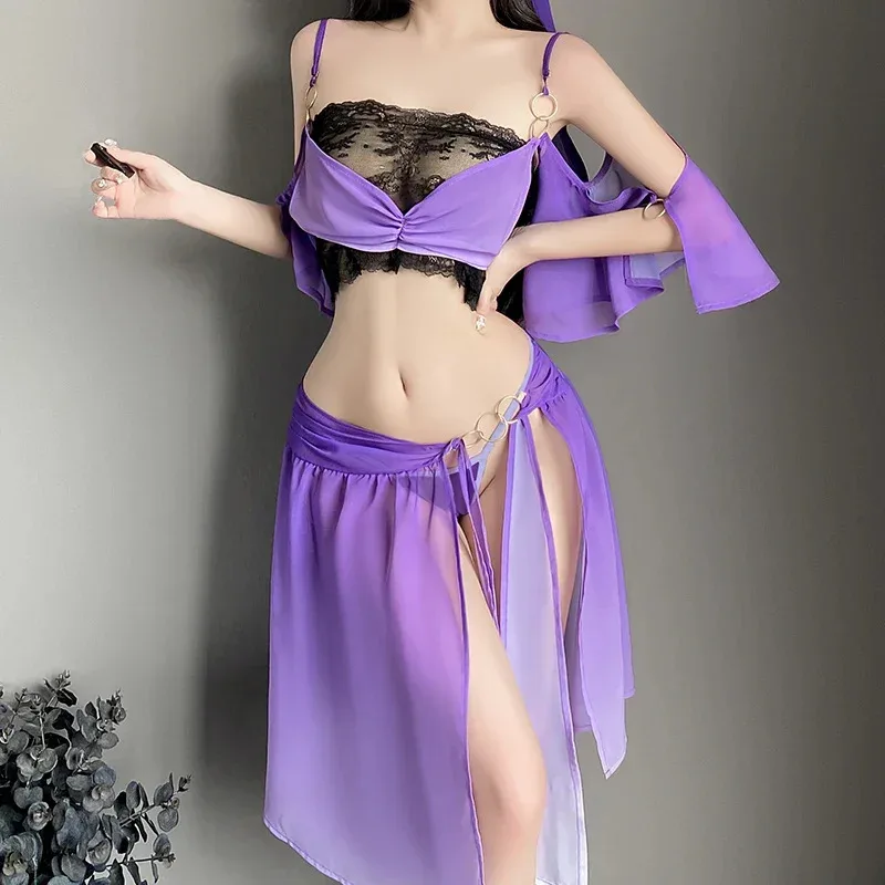 

DY20OJBK Anime Cosplay Lingerie For Women Exotic And Sensual Middle Eastern Dance Costume Set - Purple and Black Lace Ensembleb2