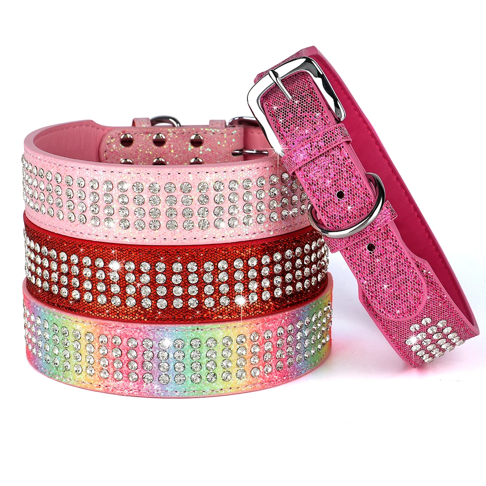 Rhinestone Leather Dog Collar Bling Crystal Wide Pet Collar 4 Row Full Diamond Dog Collars for Small Medium Large Dogs Pitbull