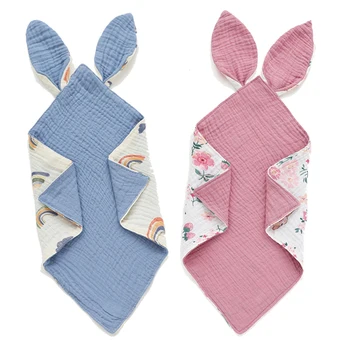 Bavoirs en mousseline pour nouveau-né, tissu pour roter, couette en coton, dessin animé, serviettes pour nourrissons, pour dormir, oreilles de lapin, accessoires pour bébés 1