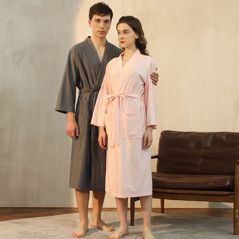 Couple Kimono Bathrobe Gown Casual Female Robe Spring Autumn Home Wear Nightgown Sleepwear Plus Size 3Xl Waffle Loose Loungewear