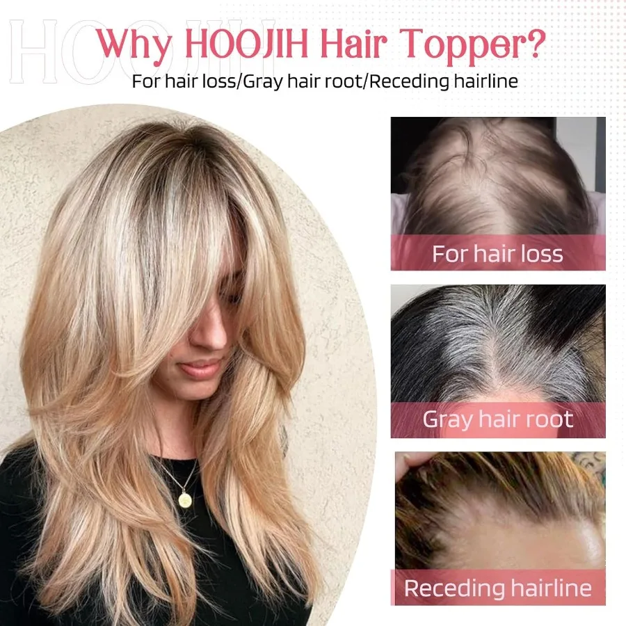 ท็อปเปอร์ผมยาวแบบมีเลเยอร์พร้อมหน้าม้า ออกแบบมาสำหรับผู้หญิงที่มีปัญหาผมบาง ขนาด 14 นิ้ว ปลายผมหยิกเล็กน้อย ผลิตจากเส้นใยสังเคราะห์