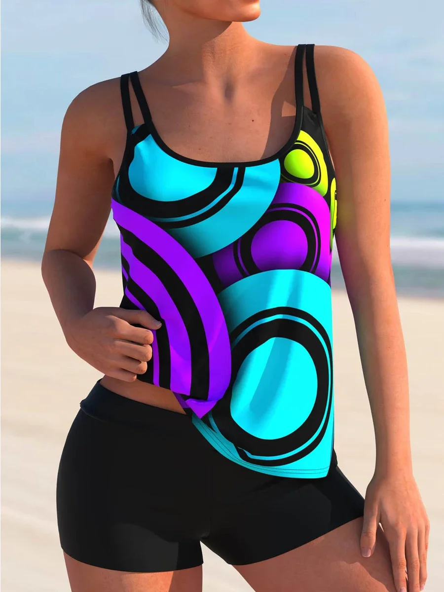 Bañador Tankini con estampado colorido para mujer, traje de baño con tirantes para el hombro, ropa de playa deportiva, verano, 2 piezas