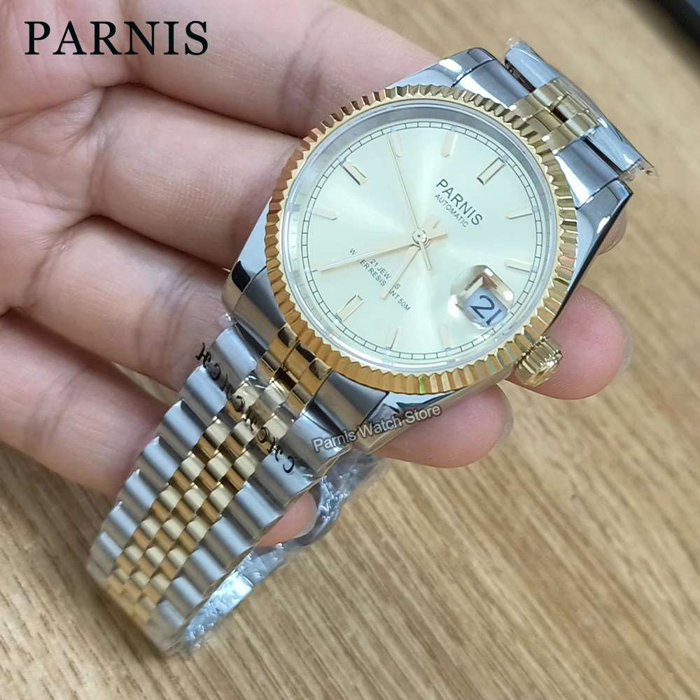 Parnis 36mm Sapphire Crystal Automatic Men\'s Wristwatch 5 ATM Stainless Steel Jubilee Bracelet Gold Dial Gold Bezel