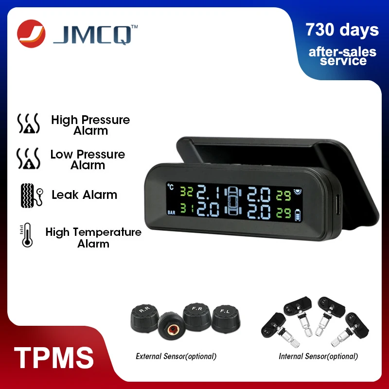 

JMCQ Smart Solar TPMS Car Tire Pressure Monitor System 4 Sensors Pressure Temperature Warning Wireless Connection USB Charge