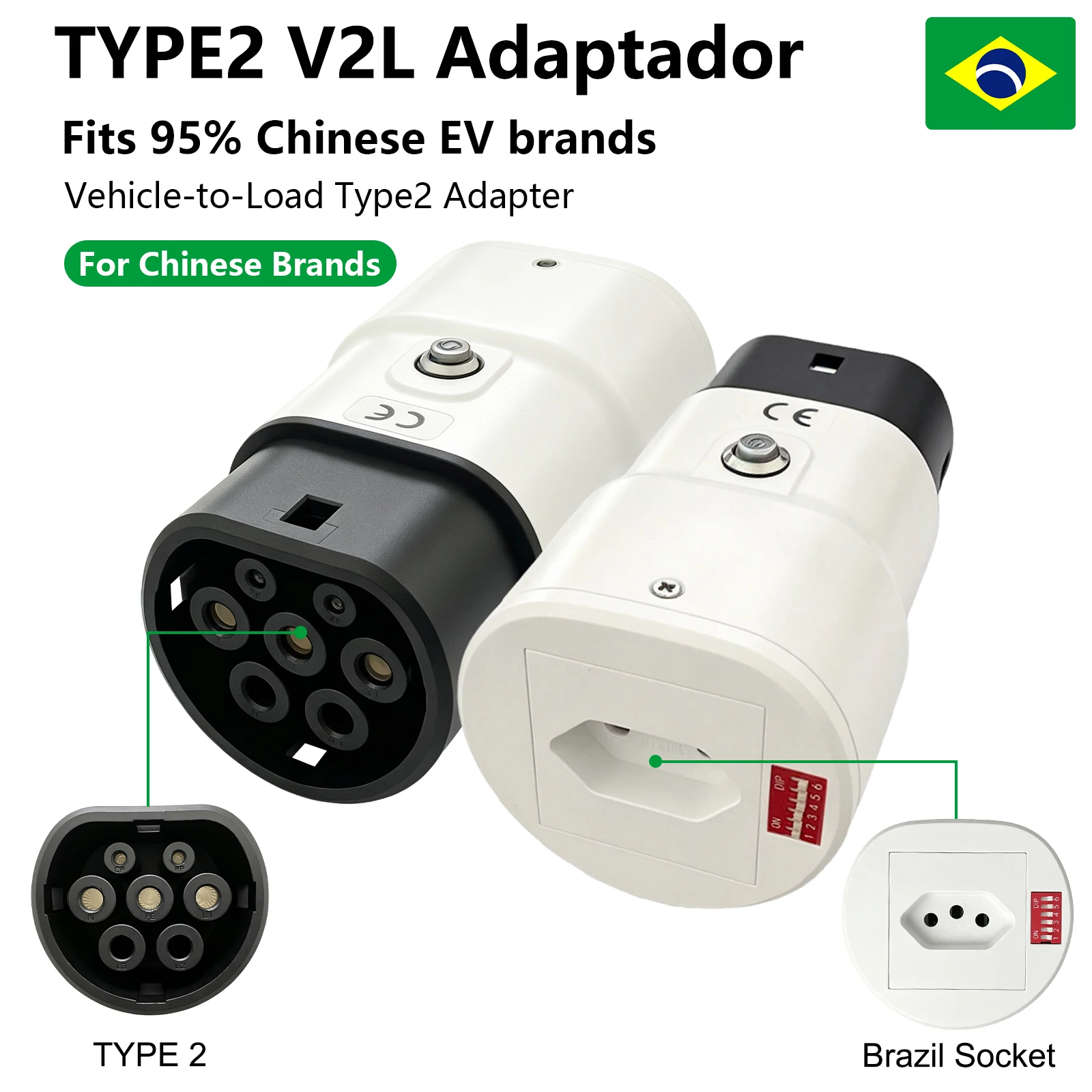 Type2 Portable V2L Discharger Adapter,Power Indicator Switch Vehicle‑to‑Load Converter for Brazilian Socket EV Camping Outdoor