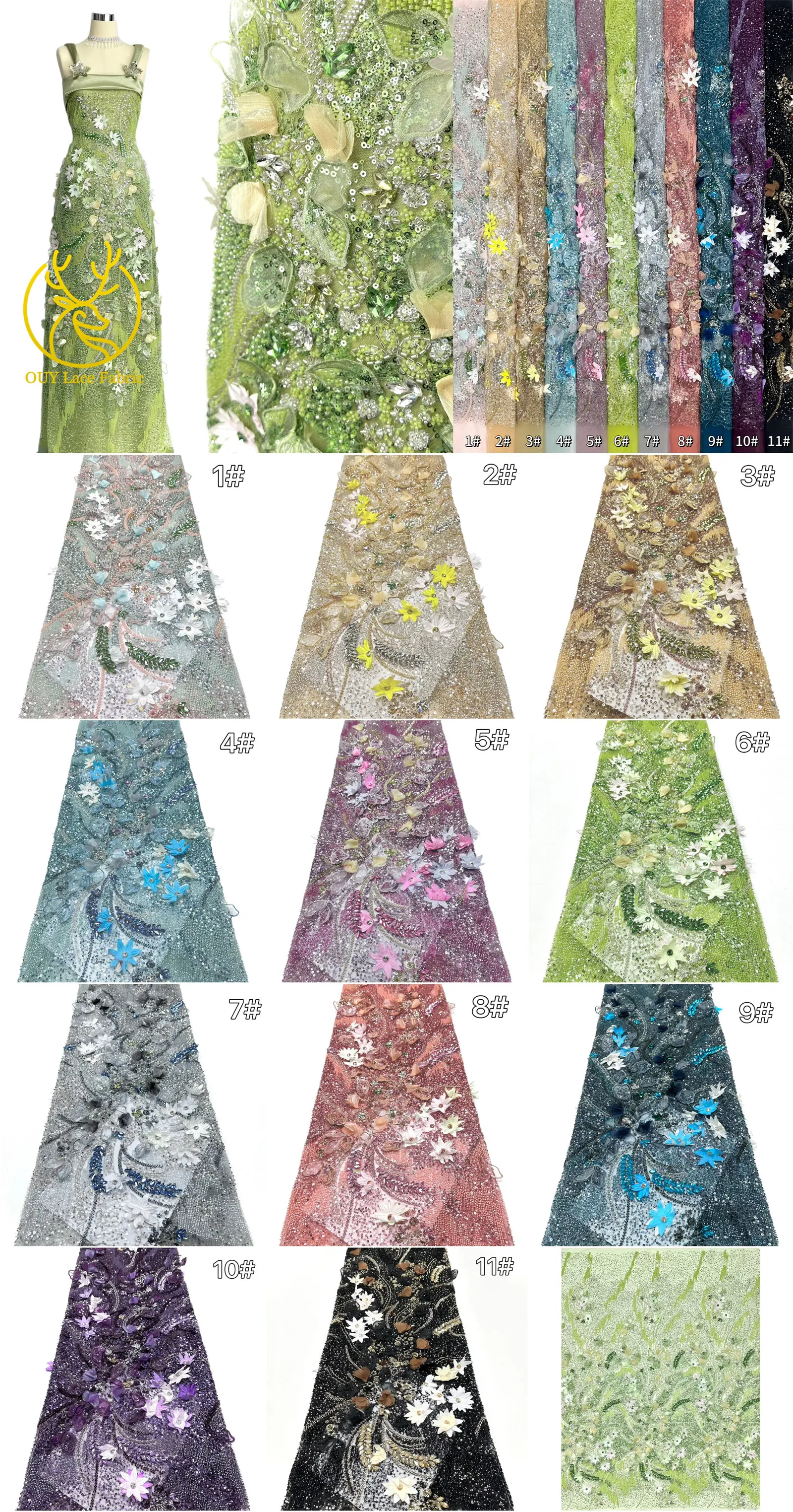 Hochwertiger luxuriöser französischer Edelstein-Perlenstickerei-3D-Blumen-Afrikanischer-Pailletten-Spitzenstoff für DIY handgefertigtes Hochzeitskleid. – Detail 4