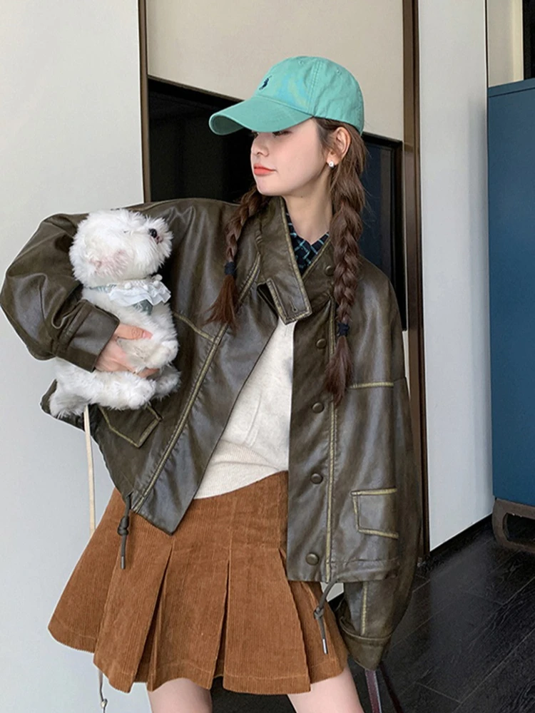 2025 Spring and Autumn new style women leather jacket American style retro brown stand up collar short leather jacket