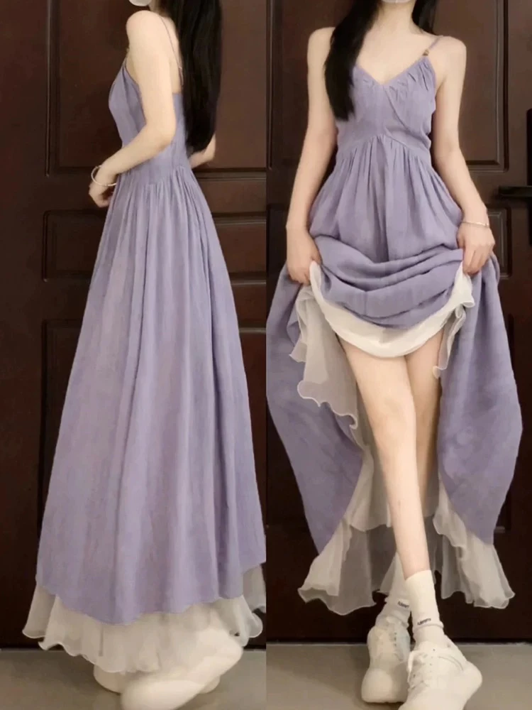 Gentle Purple Strapl Dr Women's Summer 2025 New High-End Feeling Personali Beach Vaion Long Dr Korean Sle
