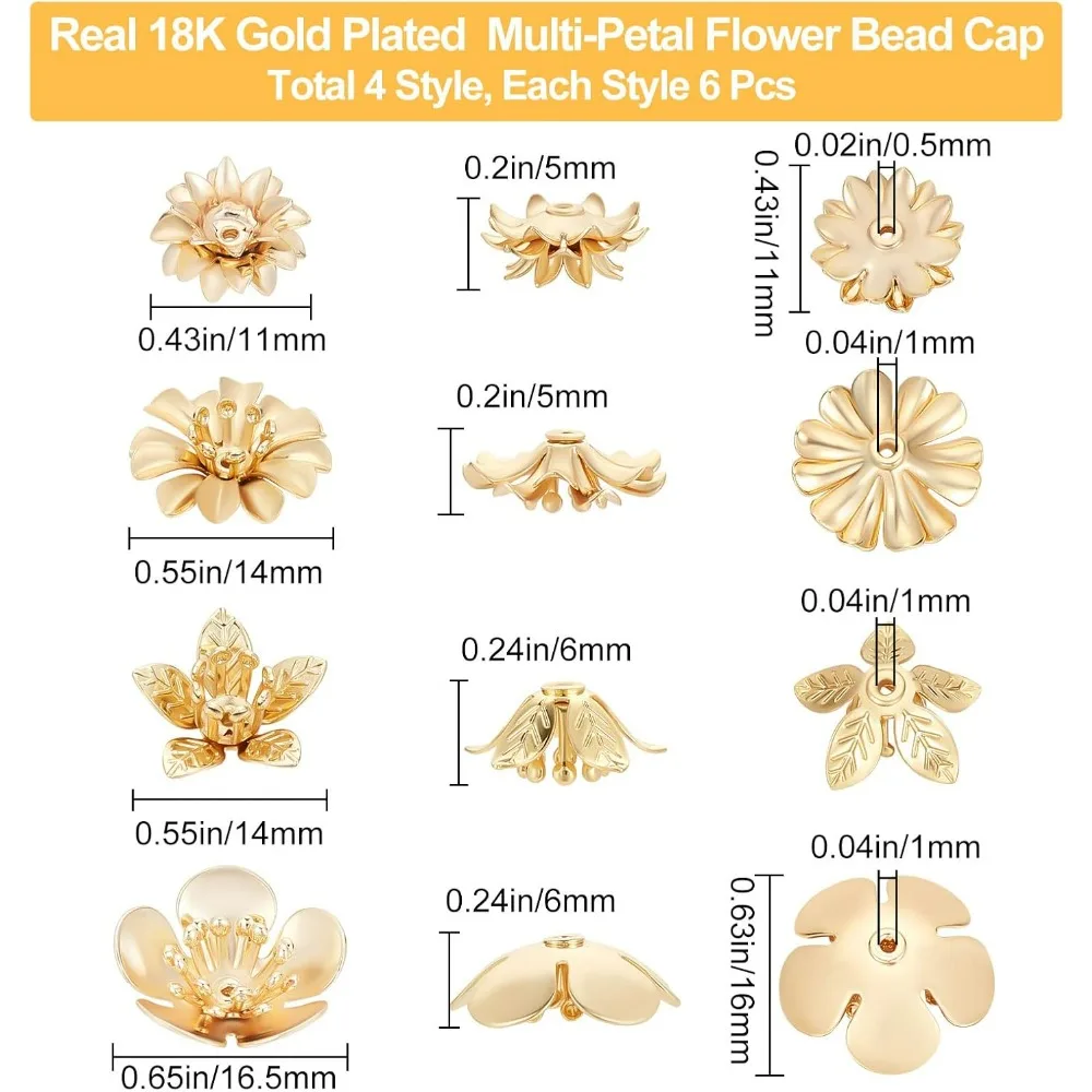 24Pcs/Box 4 Style Bead Caps 18K Gold Plated Brass Flower Beads Caps for Bracelet Necklace Earrings Jewelry Making Supplies