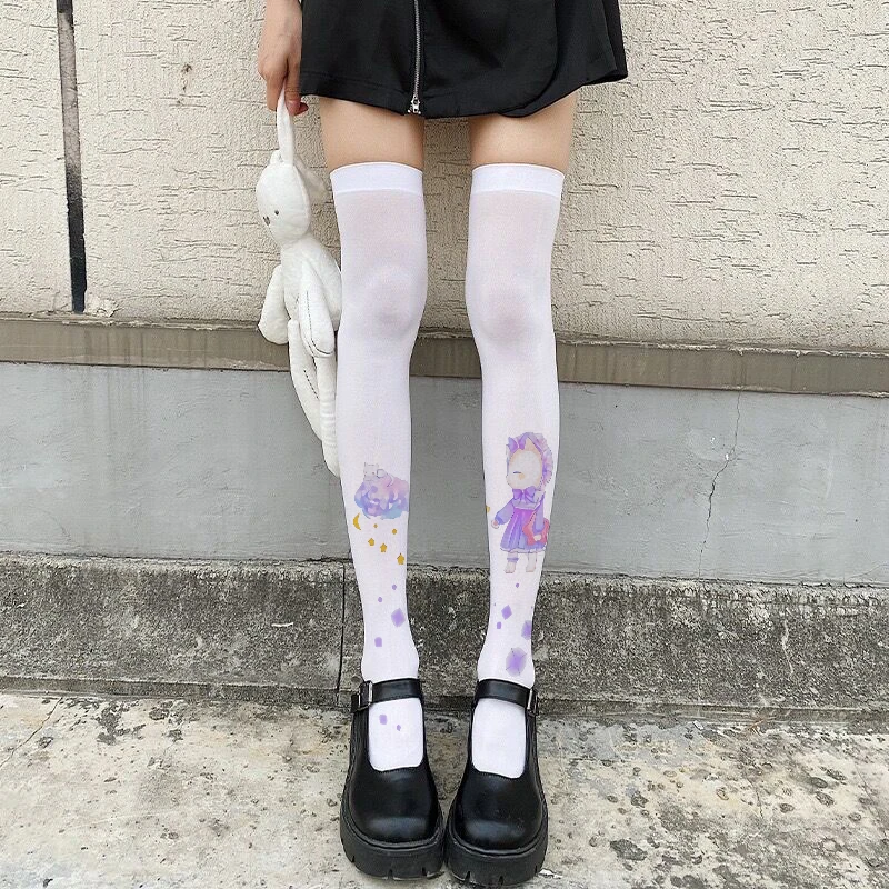 Cute Cartoon Angel Cat Over The Knee Stockings Wome Sexy High Tube White Lolita Two-dimensional Cosplay Girl Thigh Stockings