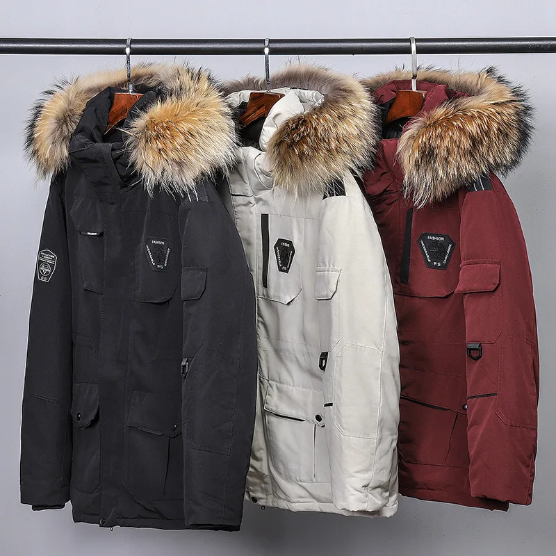 

Luxury White Duck Down Warm Coat Male South Korea Running Fur Collar Hooded Winter Down Jacket Men's Cold-proof Tooling Parka