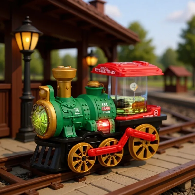 Kids Electric Steam Spray Train with Crash Truck 360 Degree Rotating Lights Music Smoke Sounds Simulation Model Toy for Children