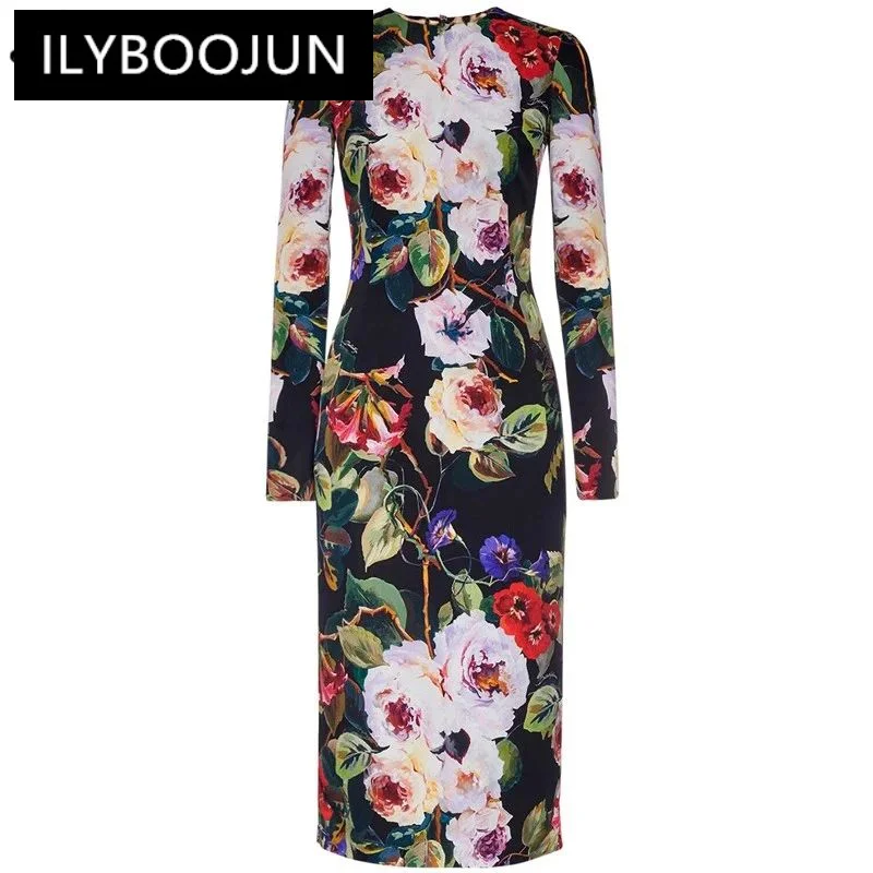 

ILYBOOJUN Fashion Designer 2024 Spring Silk Dress Women O-Neck Long SleevFloral Print SliVintagParty Dresses