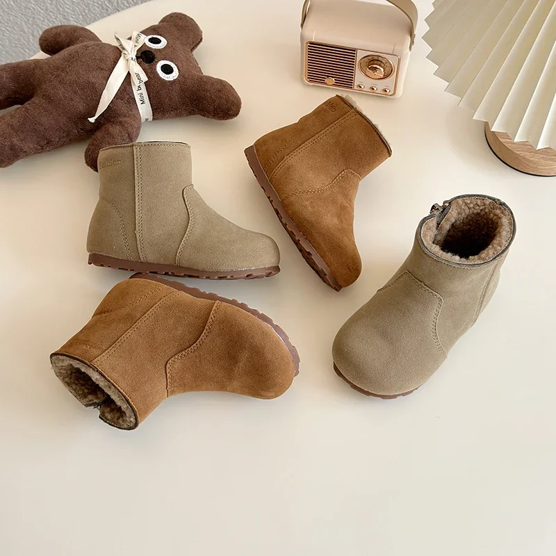 2024 Winter New Children's Genuine Leather Boots Girls' Cotton Shoes Korean Matte Boys' Short Boots Fashion Leopard Pattern