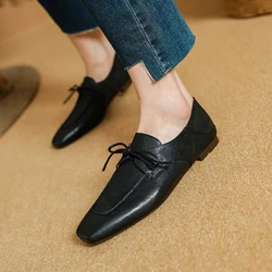 2025 Fashion Square Toe Women Soft Full Genuine Leather Low-heel Slip on Solid Color Big Size 34-40 Casual Street Shoes Handma