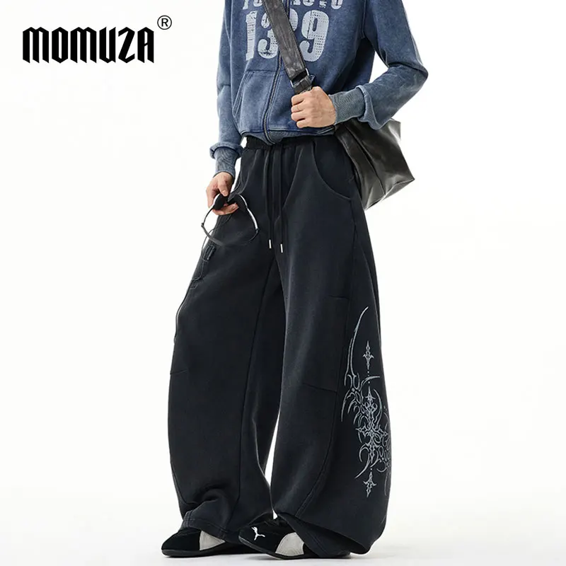 

High Street Men's Sweatpants Vintage Autumn Winter Trendy Brand Design Printed Trousers Male Wide Leg Loose Fit Mid Waist Pants