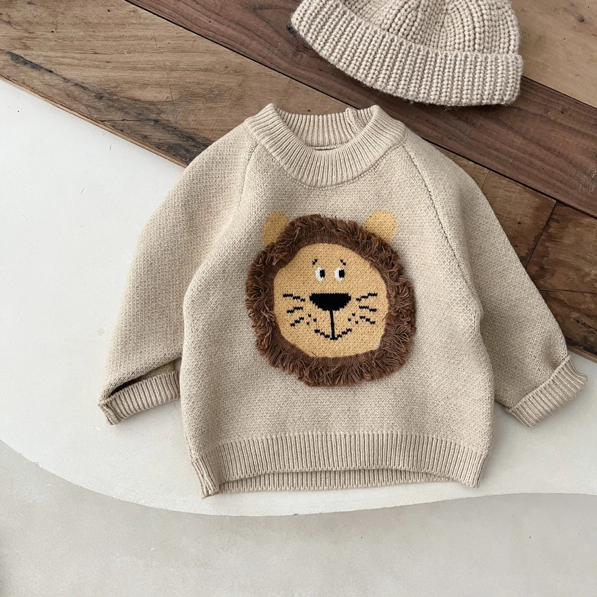 MiniAinis Autumn Winter Baby Thickened Lion Round Neck Top Girls Knitted Warm Sweater Boys Cartoon Clothes Children Clothing