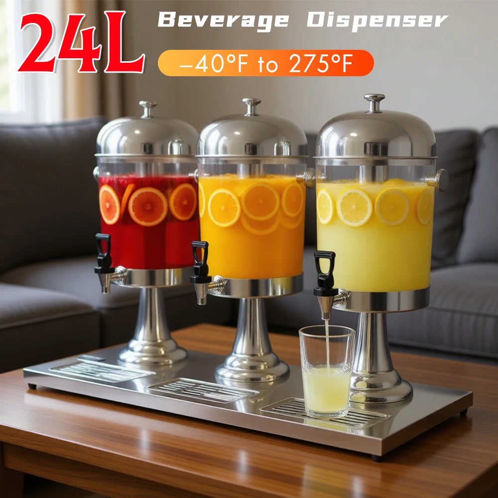 Getränkespender für Partys mit Ständer, Edelstahl Heiß-Kalt-Saftspender mit Mittel-Eisbehälter und Abtropfschalen für Bier