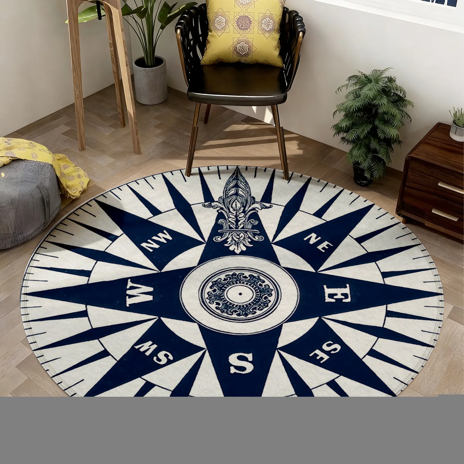 Decorative Round Compass Rose Area Rug Navy Blue Nautical Directional Design Floor Mat for Living Room Decor Boho Washable Moder