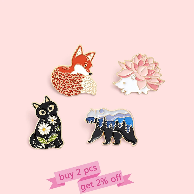 Forest Garden Enamel Pin Custom Fox Cat Bear Hedgehog Brooches Bag Lapel Pin Cartoon Animal Badge Jewelry Gift for Kids Friends