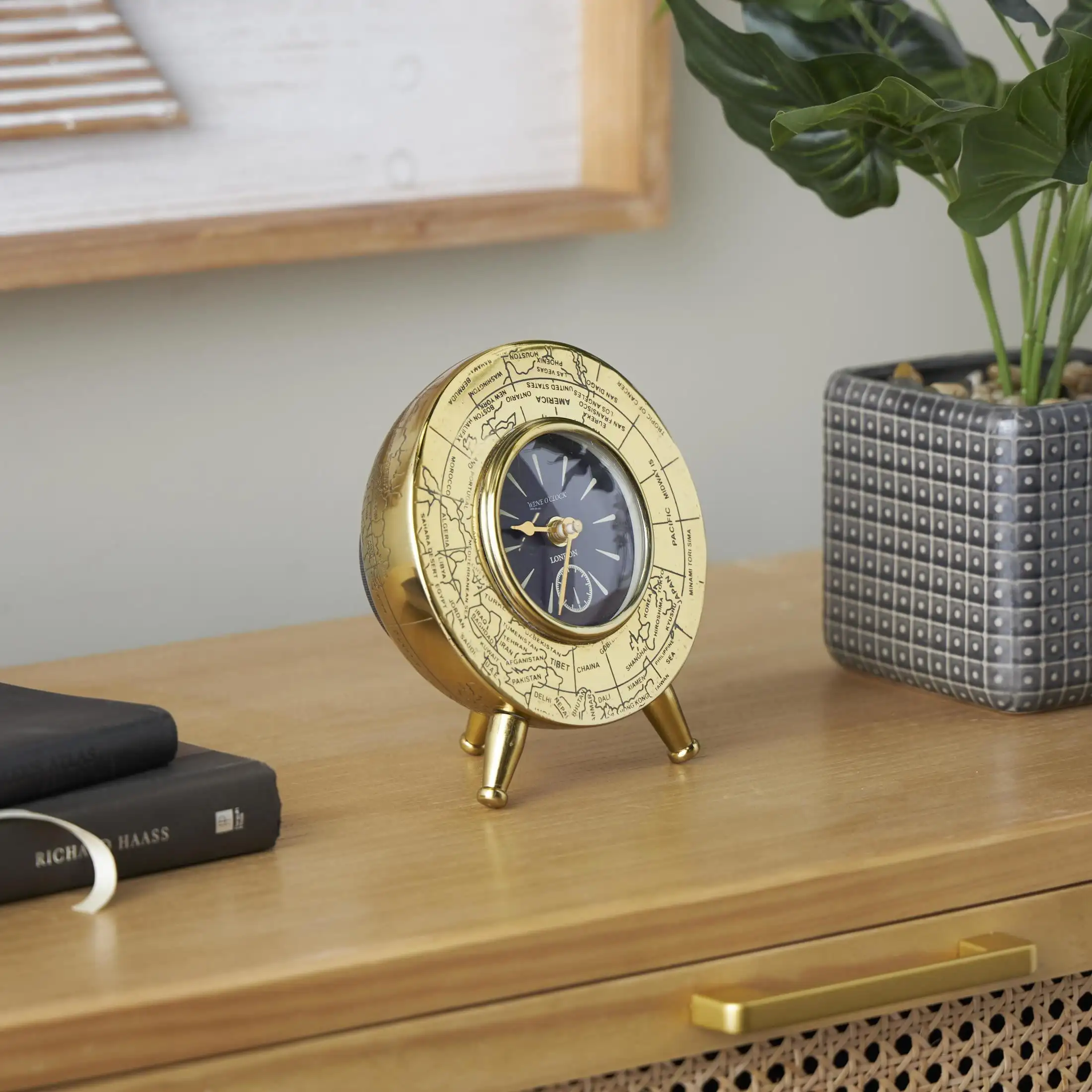 

6 Gold Stainless Steel Metal World Map Small Dome Clock with Black Clockface