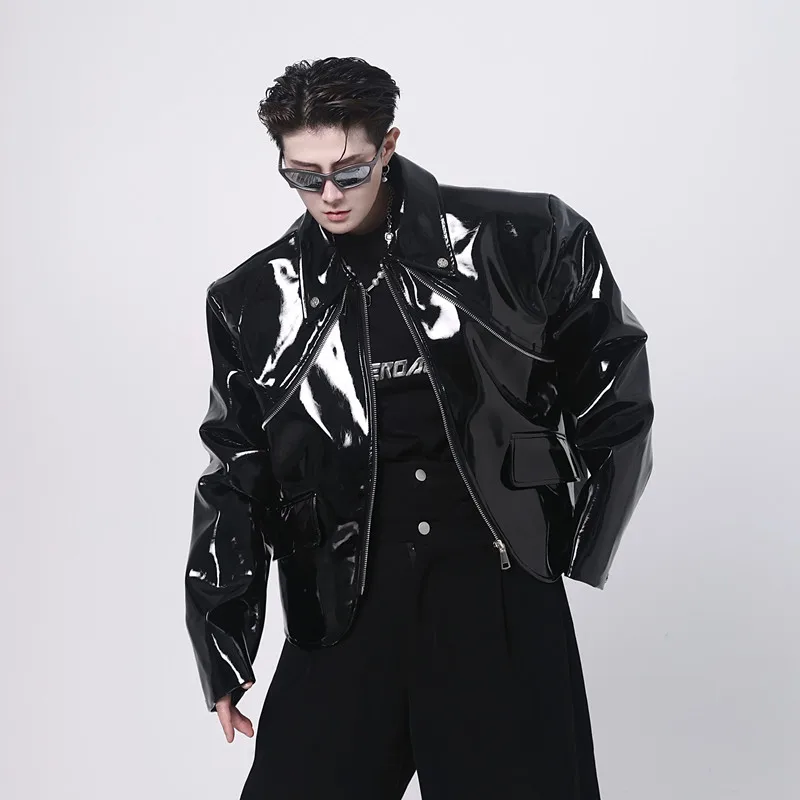 

Leather jacket men's spring andautumn high-end sense retro PU glossy design sense niche trendy Korean version short coat fashion