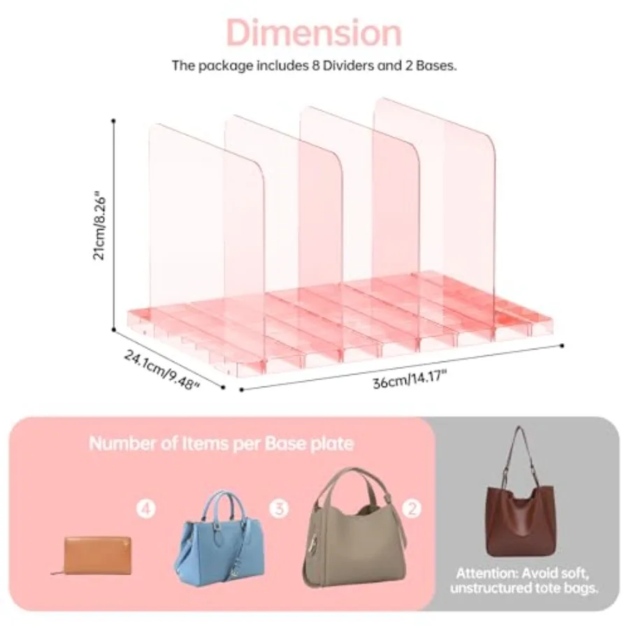 PAVSTINE 2 Pack Purse Organizer for Closet, Stackable Storage Shelf, Pink Adjustable Clear Shelf Dividers, Keep Clutch, Bag, Po view 2