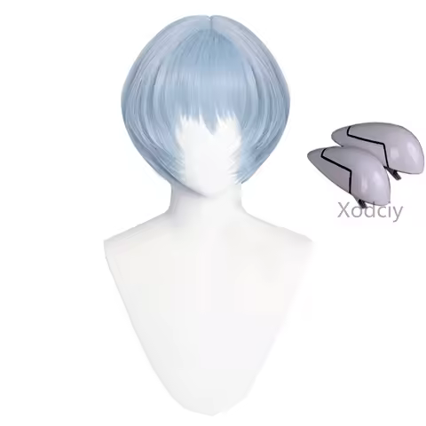 Anime EVA Ayanami Rei Cosplay Wig Short Light Blue Heat Resistant Synthetic Hair Wigs + Wig Cap + Hairpins Headwear Accessories