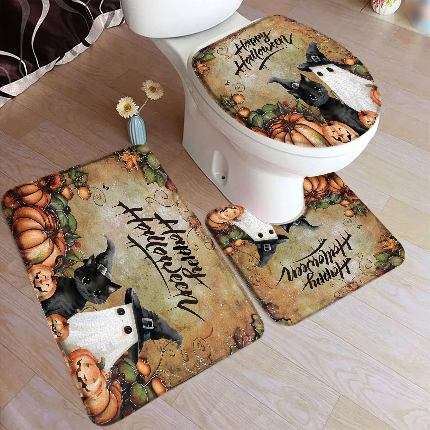 Cartoon Halloween Bath Mat Set Cute Black Cat Elf Ghost Rustic Autumn Pumpkin Home Carpet Bathroom Decor Floor Rugs Toilet Cover