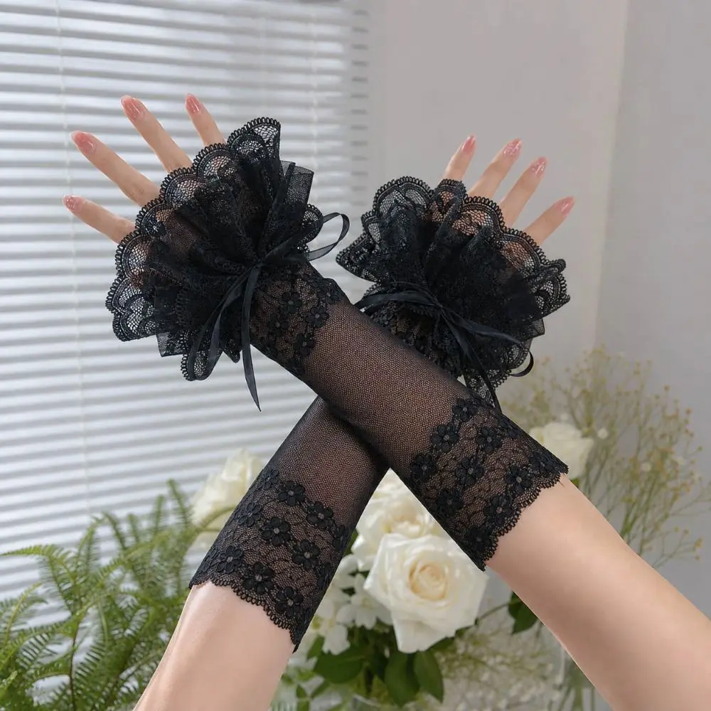 Ruffled Lace Women's Fingerless Gloves Elastic Band Floral Pattern Wrist Cuffs Ribbon Tie Lolita Style Lace Arm Sleeves