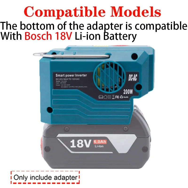 200W Tool Battery Inverter For Bosch 18V Li-ion Battery Inverter with LED Light and USB and Type-C Output Interface