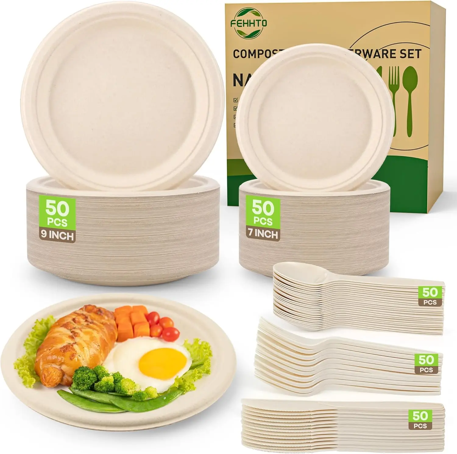 

Compostable Paper Plates Set, 250PCS Disposable Heavy-Duty Sugarcane Plate and Eco-Friendly Utensil