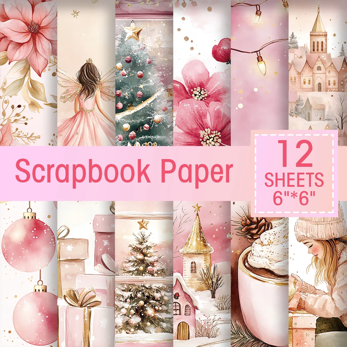 12pc Vintage Pink Christmas Scrapbook Paper,Pink Flower Gift Design Decorative Paper for Journal Background Greeting Card Making