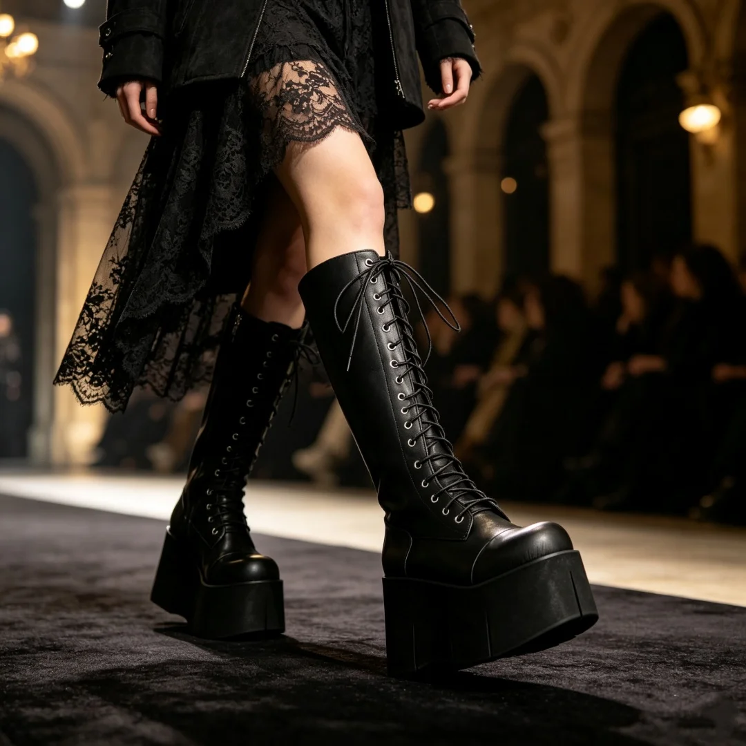 Leather Metallic Eyelets Platform Heel Fashion Round Toe High Sexy Cross Tied Street Daily Over The Knee Boots Women Shoes Pumps