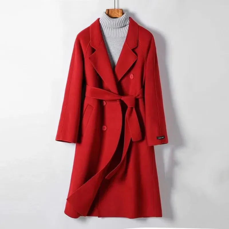 

New Women Casual Woolen Jacket Autumn Winter Temperament Long Senior Woolen Coat Fashion Female Trench Coat Belt Double-breasted