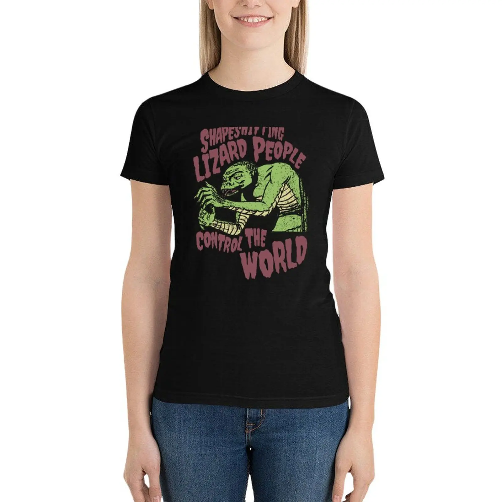 

Shapeshifting Lizard People Control The World Alien Conspiracy Horror B-Movie Tee T-Shirt oversized tops for Women