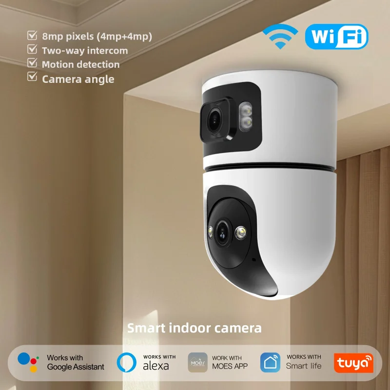 

Умная камера MOESTuya WiFi 4MP с двумя объективами, PTZ-камера для внутреннего наблюдения за домом, управление через приложение, обнаружение движения, двусторонняя аудиосвязь.