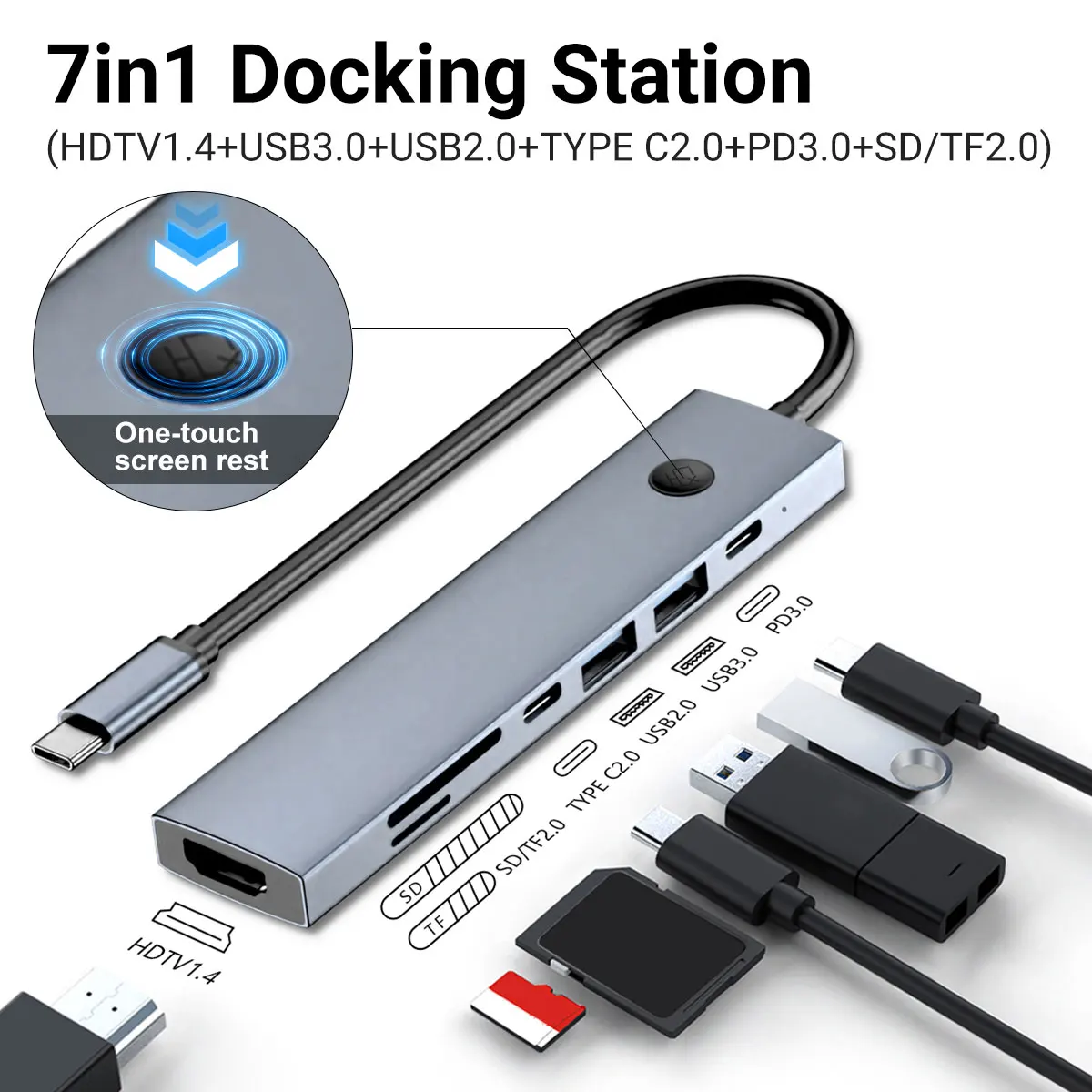 

USB-C Laptop Docking Station 7 in 1 USB C to HDMI Splitter with 4K HDMI,USB3.0/2.0,PD 100W Charging,SD/TF for iPad Pro Mac Pro