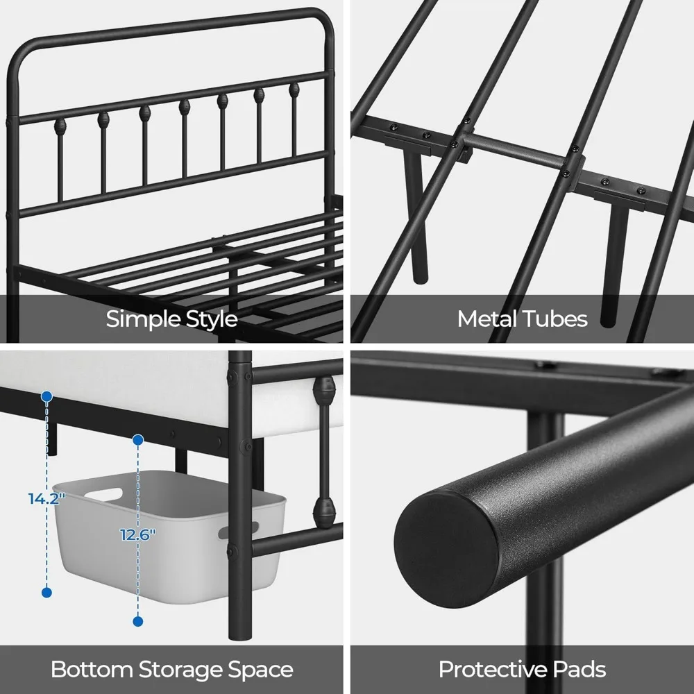 Klassiek Metalen Platform Bed Frame Matras Fundering Met Victoriaanse Stijl Ijzeren Art Hoofdeinde/Treeplank/Onder Bed Opslag