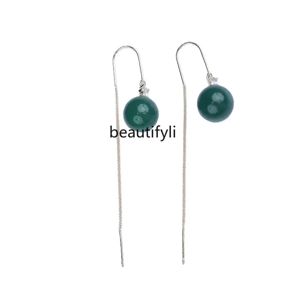 Sterling silver needle green bead fringed ear line long earrings light luxury temperament versatile face thin earrings