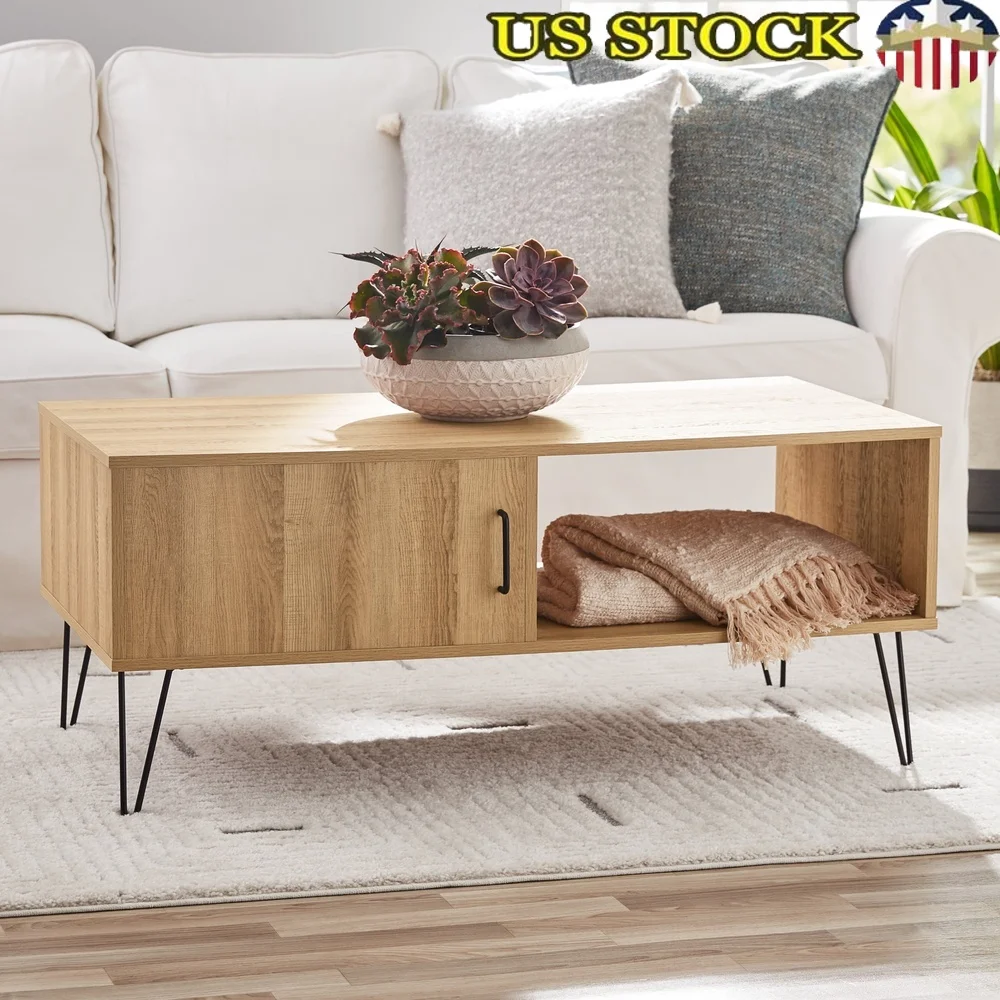 

Современный прямоугольный журнальный столик со шпилькой и открытой полкой, закрытая отделка из дуба для хранения, ретро-дизайн для внутреннего использования