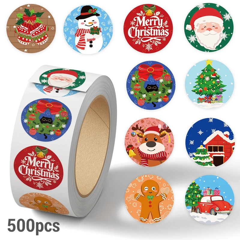

500PCS Festive Christmas Sticker Roll Sealing Gift Boxes Decorating Greeting Cards Envelope Phone Guitar Laptop Stationery Decal
