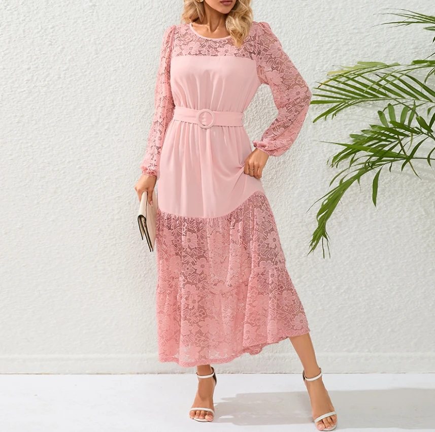 Sukienka damska Sexy Elegant Sheer Contrast Lace Patchwork Round Neck Long Sleeve High Waist Belt Slim Fit A-line Maxi Dress