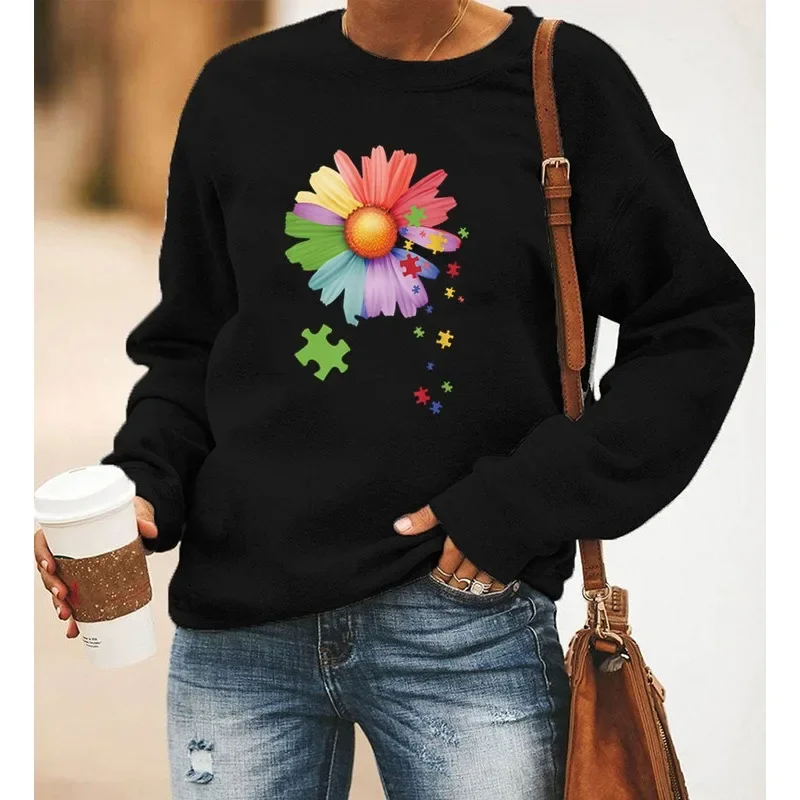 

Little Daisy Print Long Sleeve Crewneck Hoodie Lady Sweatshirts Aesthetic Sweatshirt Clothes Women Clothing