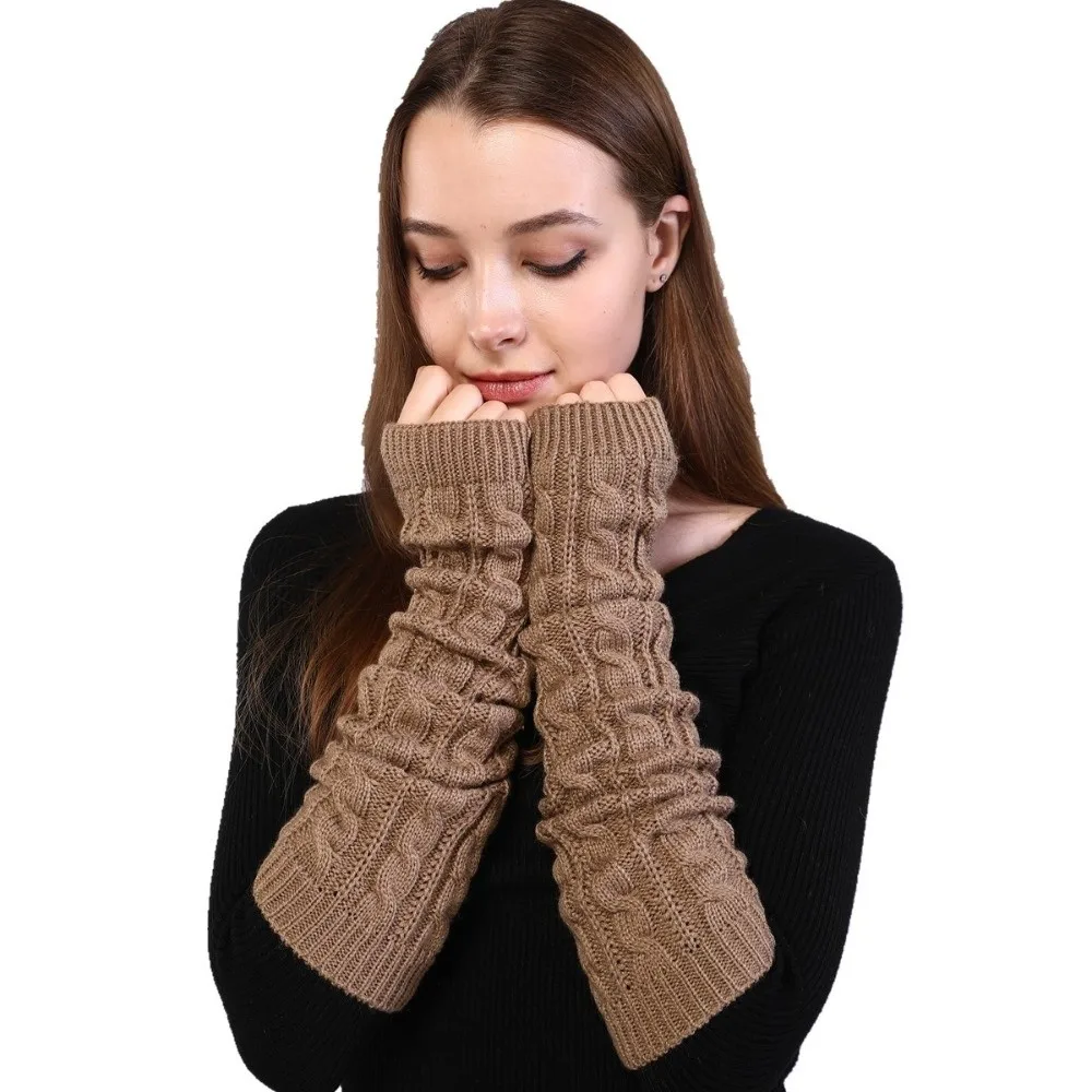 Fashion Solid Color Fingerless Gloves Knit Long Arm Wrist Sleeve Mittens Black Hand Warmer Girls